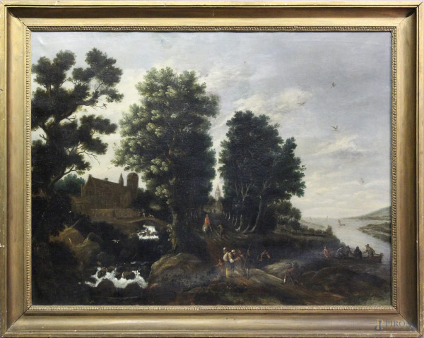 Paesaggio fluviale con figure, dipinto del XVIII sec. ad olio su tela, cm 108 x 140, entro cornice.