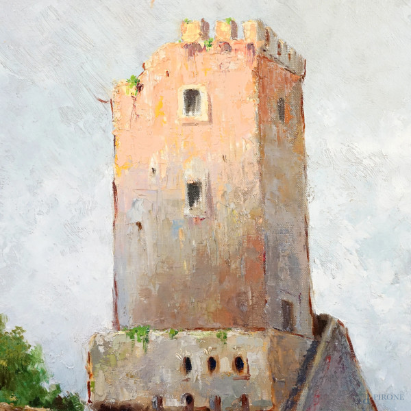 Torre salaria, olio su tela, firmato, cm 80x80, entro cornice