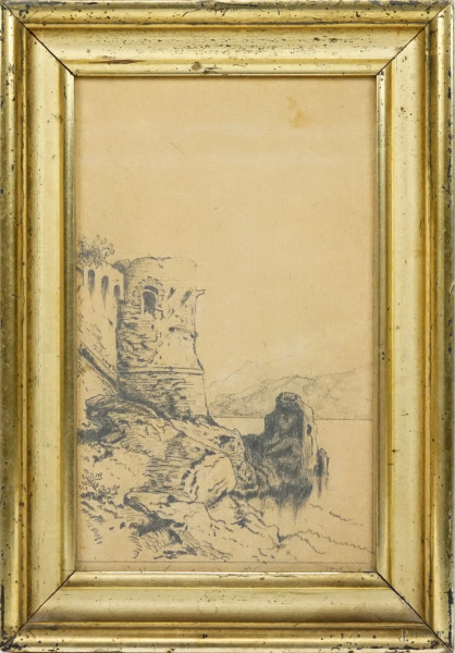Rocca di Nettuno, disegno a matita su carta, cm 24x15, datato e firmato, entro cornice.