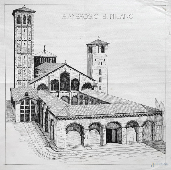 Basilica di S. Ambrogio a Milano, china su carta, cm 38x38