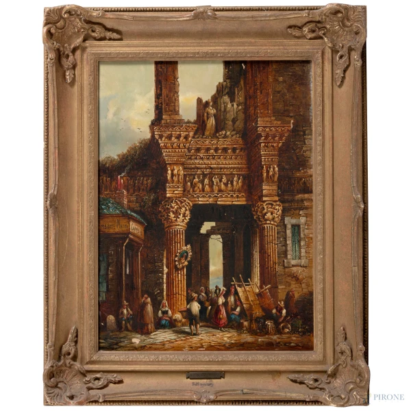 Scena popolare con capriccio, XX secolo, olio su tela, cm 41x31, firmato in basso a destra, entro cornice (piccole cadute di colore)