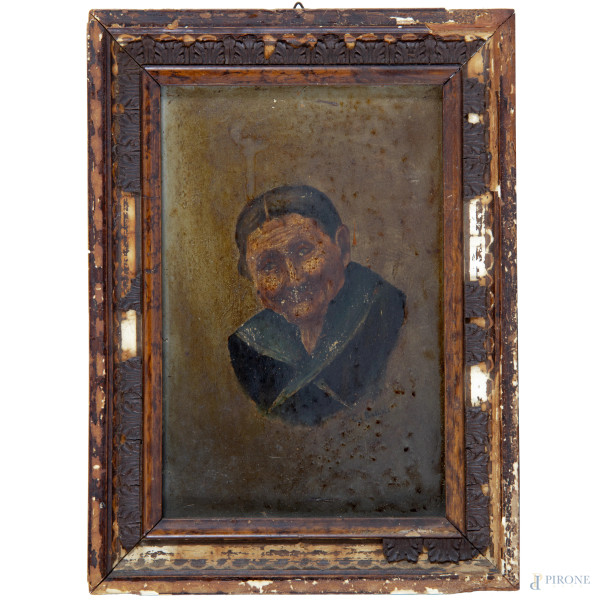 Ritratto di anziana, XX secolo, olio su tavola, cm 21x14, firmato in basso a destra,  entro cornice, (difetti, cadute di colore, abrasioni)