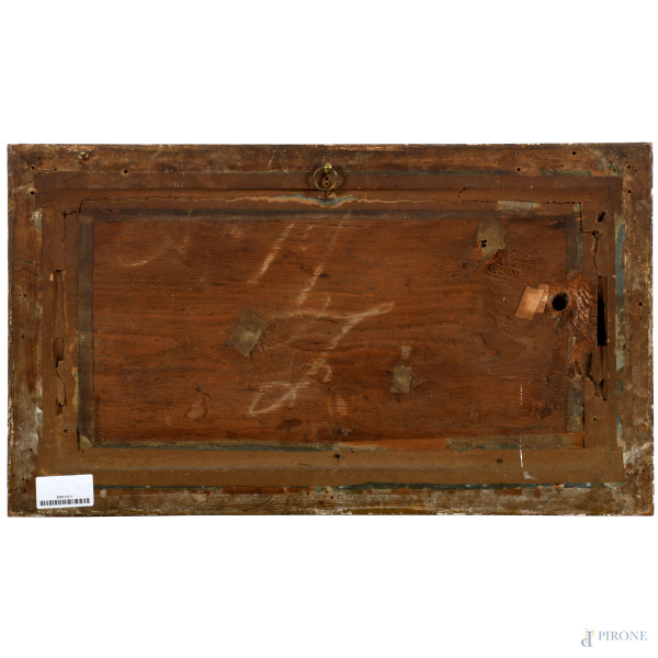 Pergamena dipinta con fregio ad arco raffigurante Castel Sant'Angelo, cm 24x50, entro cornice con...