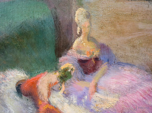 Parco con figure, olio su compensato, firmato, cm 120x80, entro cornice