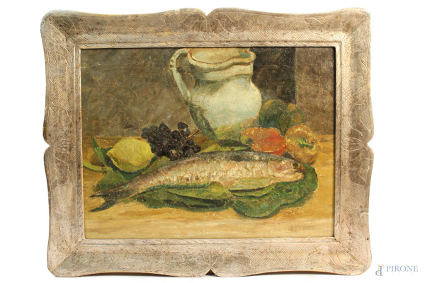 Cornelio Geranzani - Natura morta, Frutta con pesce, dipinto ad olio su tela, cm 45 x 60, entro cornice.