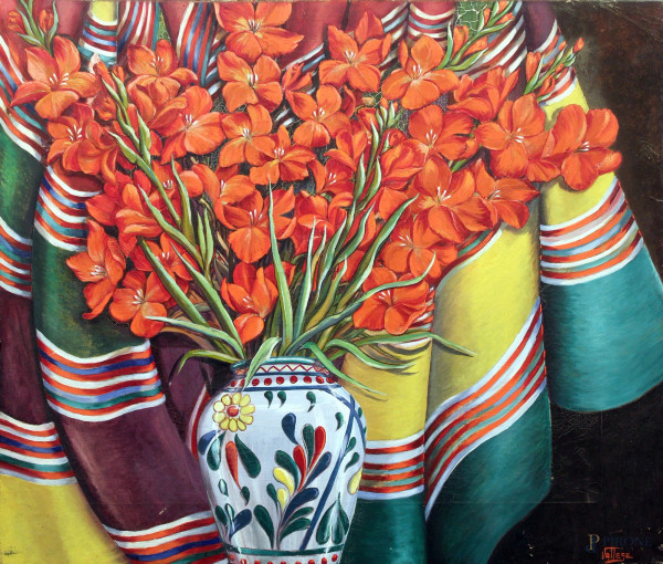 Vaso con fiori, olio su tela, cm. 85x100, firmato Vallese.