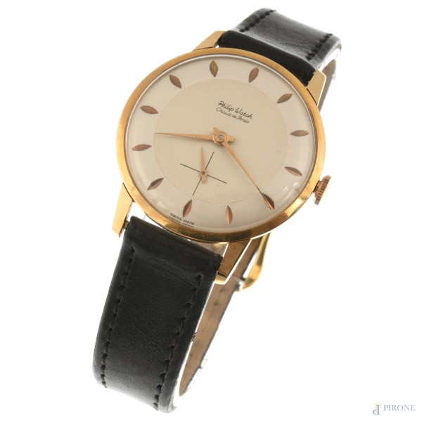 Philip Watch Chaux de Fonds, in oro 750 con cinturino in pelle nera, misura cassa cm 3,5, lunghezza cinturino cm 24,5, (da revisionare, segni di usura)