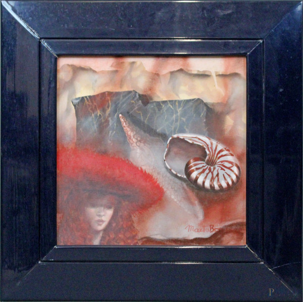Marta Bonesi - Donna in rosso 2 con conchiglia nautilus, olio su tela, cm. 40x40, firmato fronte/retro, entro cornice.