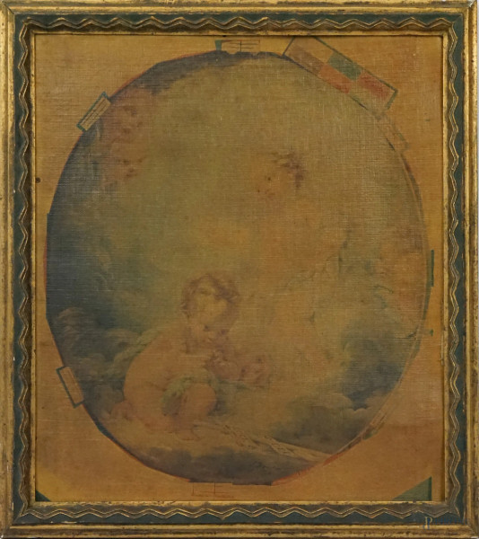 Da Francois Boucher (1703-1770), Putti, stampa oleografica su tela, cm 35x31, XX secolo, entro cornice.