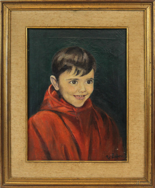 Ritratto di fanciullo, olio su tela, cm 40x30, firmato, entro cornice.