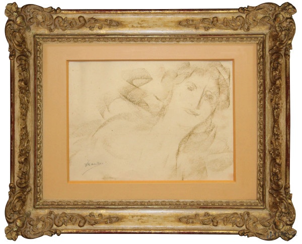 Mancini, Ritratto di donna, disegno a matita, cm 21x30, entro cornice.