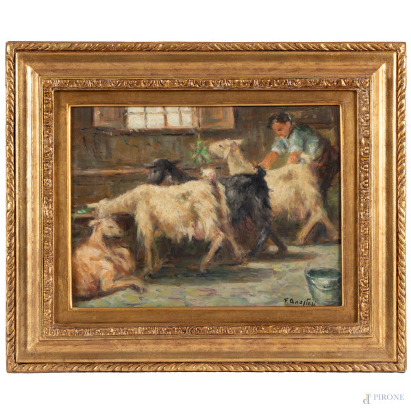 Pastore con capre, XX secolo, olio su compensato, cm 30,5x40,5, firmato in basso a destra, entro cornice