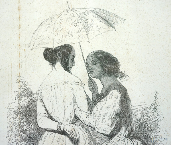 Stampa raffigurante due figure femminili con l'ombrello, da Paul Gavarni (Francia, 1804 – 1866), ...