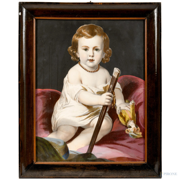 Ritratto di bambina, XX secolo, stampa ritoccata, cm 61,5x47,5, entro cornice (lievi difetti)