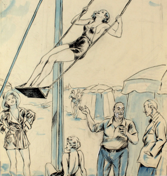 Luigi  Bompard - In spiaggia, tecnica mista su cartoncino, cm 27x25.