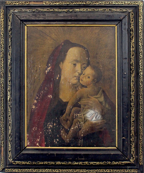 Madonna con bambino, olio su tavola, cm 41x30, XX secolo, entro cornice, (difetti).