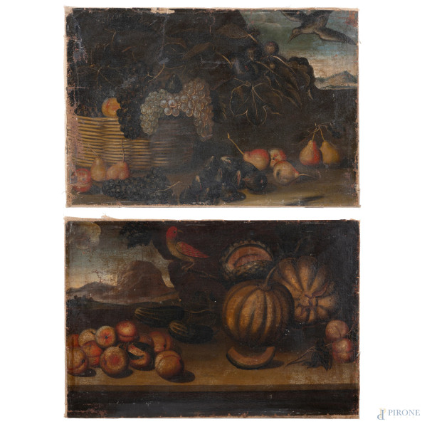 Coppia di nature morte, XVIII-XIX secolo, olio su tela, cm 55x79, (segni di usura, fori, lacerazioni, difetti, restauri, rotture)