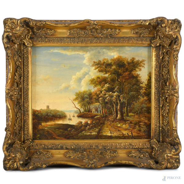 Paesaggio, olio su tavoletta, XX secolo, cm 18,5x24 entro cornice