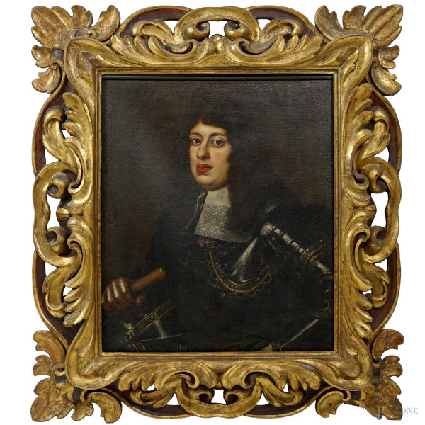 Cerchia di Justus Sustermans (Anversa, 1597 – Firenze, 1681), Ritratto di Cosimo III de' Medici in armatura, olio su tela, cm 73.2x64, entro cornice coeva in legno intagliato e dorato, (restauri)