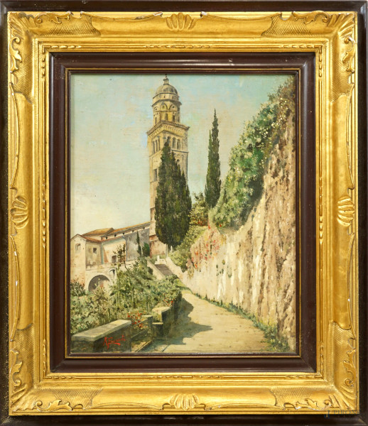 Veduta di monastero, olio su tela applicata su cartone, firmato, cm 50x40, entro cornice