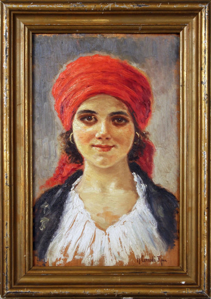 Ritratto di ragazza, olio su tavola, cm 32x20, firmato, entro cornice.