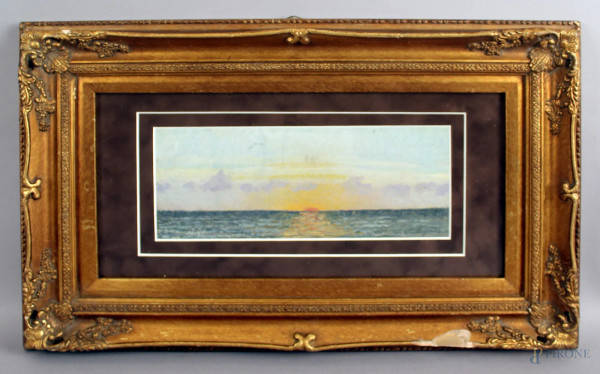 Marina al tramonto, olio su cartone, cm. 11,5x28, firmato Reycend E., entro cornice.