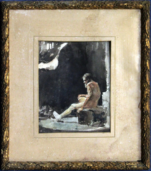 Jose Cordero Villegas, Nudo d&#39;uomo , acquarello su carta 26x21 cm, entro cornice, (difetti sulla tela).