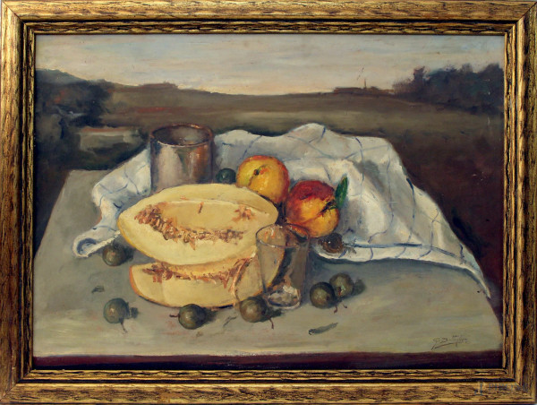 Gennaro Bottiglieri, Natura morta, Frutta e vasellame, olio su masonite, cm 50x70, entro cornice.