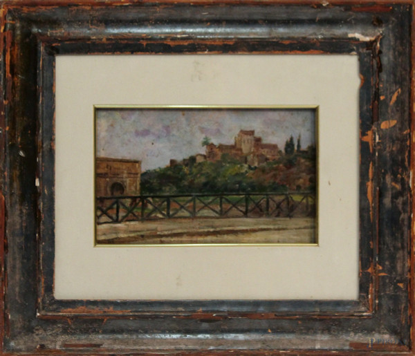 Scorcio di Roma, dipinto ad olio su tavola, cm 15 x 25, entro cornice.