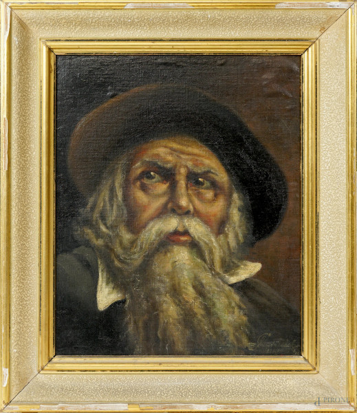 Ritratto di uomo con barba, XX secolo, olio su tela applicata su cartone, cm 42,5x35,5, firmato, entro cornice