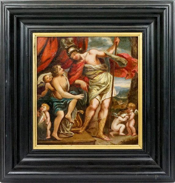 Pittore del XVIII-XIX secolo, Venere e Marte, olio su cartone, cm 28x30, entro cornice.