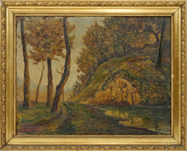 Paesaggio con scena agreste, olio su tela, cm 50x100, firmato, entro cornice.  - Asta ASTA A TEMPO - Aste Pirone