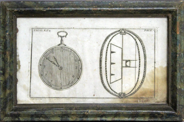 Incisione del XVIII sec. raffigurante orologio, cm 11 x 19,5, entro cornice.