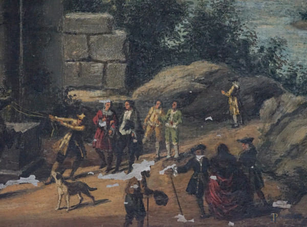 Pittore del XX secolo, Paesaggio fluviale con rovine, olio su tela, cm 52x76, entro cornice (cadu...