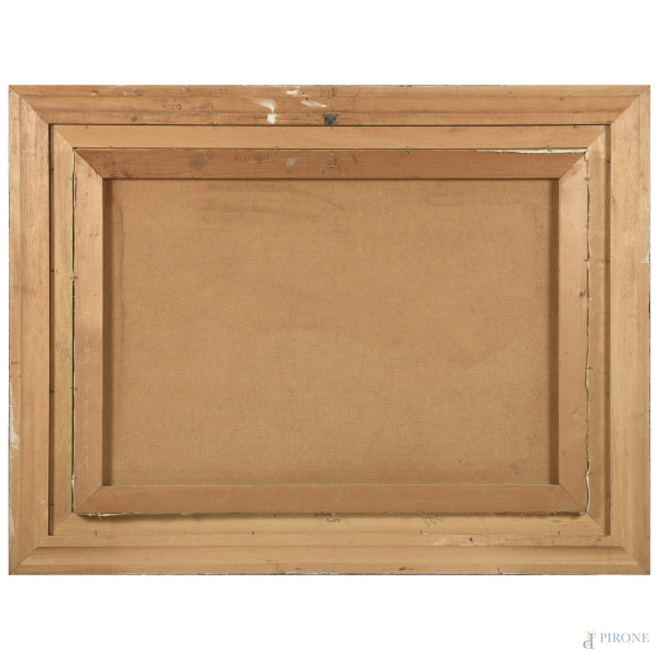 Renzo Bussotti, Scorcio di paese, olio su tela applicata su faesite, cm 60,5x85,5, firmato e data...