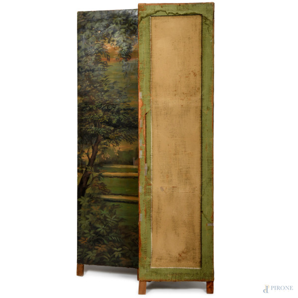 Separé in legno dipinto e laccato. Al fronte veduta di villa dai giardini, XX secolo, cm 200x150,...