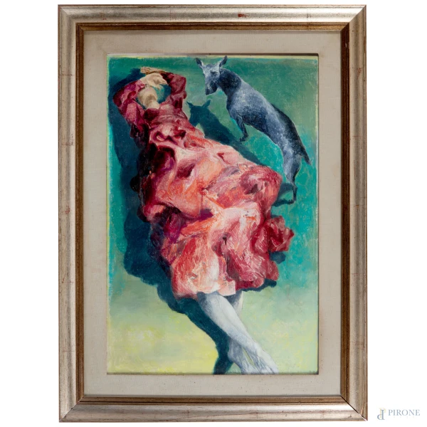 Ennio Calabria (1937-2024), Donna con cane, olio su tela, cm 72x48, firmato in basso, entro cornice