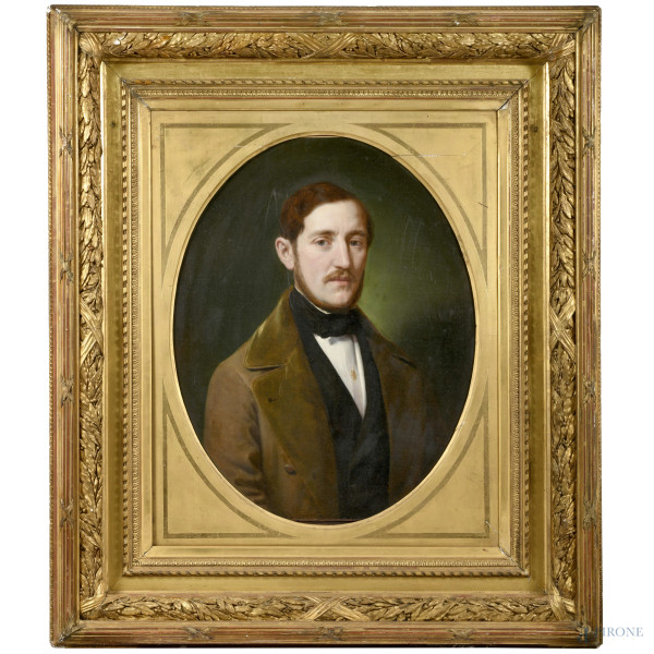 Ritratto di gentiluomo, XIX secolo, olio su tela, cm 70x60, entro cornice (lieve craquelure e lievi graffi della superficie)