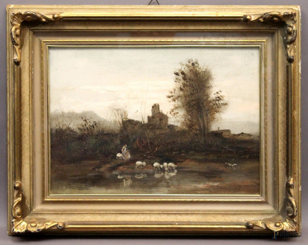 Paesaggio con gregge, olio su cartone, 35x50 cm,primi 900, entro cornice.