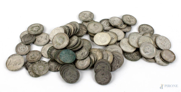 Lotto di cinquanta monete da 2 Lire e quaranta monete da 1 Lira in argento.