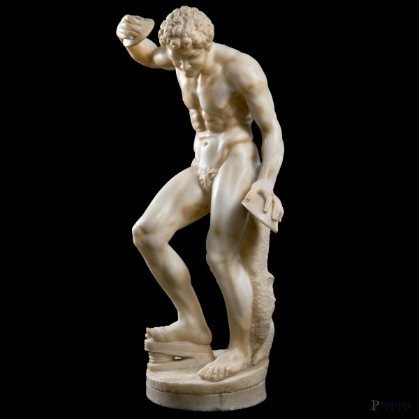 Fauno danzante, XIX secolo, scultura in alabastro, altezza cm 62, (scalfiture, rotture, restauri)