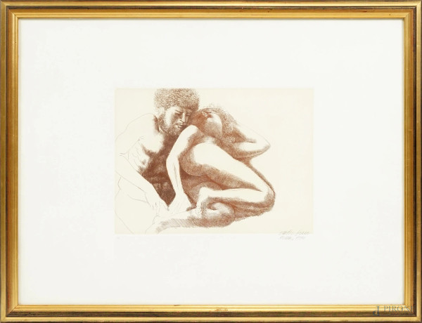 Emilio Greco (1913-1995), Gli amanti, acquaforte, cm 55,5x73,5, firmato e datato "Roma 1990" in basso adestra, entro cornice