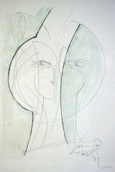 Ritratto caricaturale, tecnica mista su carta, cm 29,5x20,5, firmato Lino Tardia, entro cornice