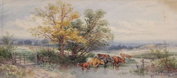 Thomas Rowden - Paesaggio con armenti, acquarello su carta datato 1887, cm 23 x 48, entro cornice.