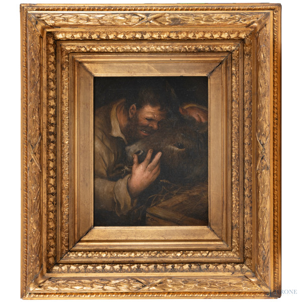 Figura maschile con asino, XIX secolo, olio su tela, cm 25,5x20,5, entro cornice, (craquelure e lievi segni di piegature)