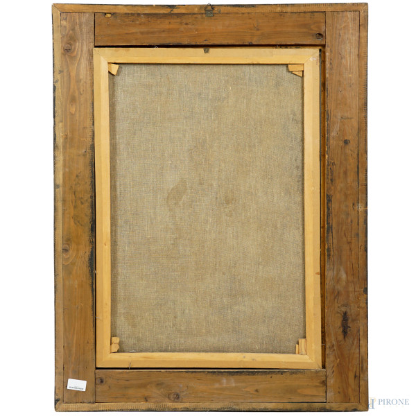 Natura morta di fiori e frutta, olio su tela, primo XX secolo, cm 99,5x69,5, entro cornice