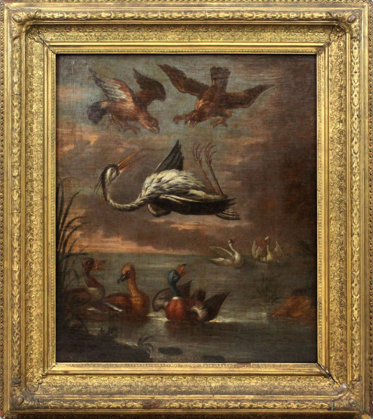 Cacciagione, olio su tela, cm 68x59, XIX secolo, entro cornice