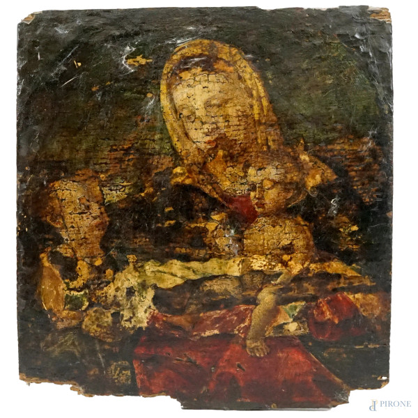 Madonna con  Bambino e S.Giovannino, antico dipinto ad olio su tavola, cm 31x28,5, (difetti e restauri).