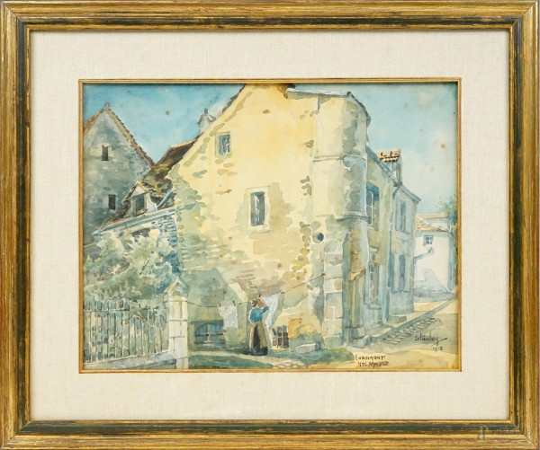 Ichbold Stanley - Borgo francese, acquarello su carta, cm 27x20,5, XX secolo, entro cornice.