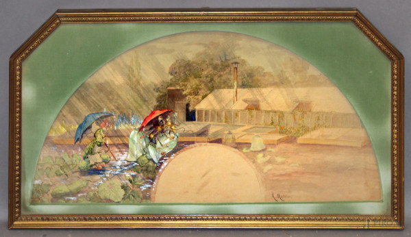 Alfredo H.Marinier, Scena di fantasia, acquarello su carta, cm 63x33 a forma di  ventaglio, entro cornice.